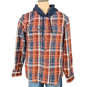 L.L.Bean Men's LG NWT Signature Heritage Orange Blue Plaid Hooded Flannel Shirt